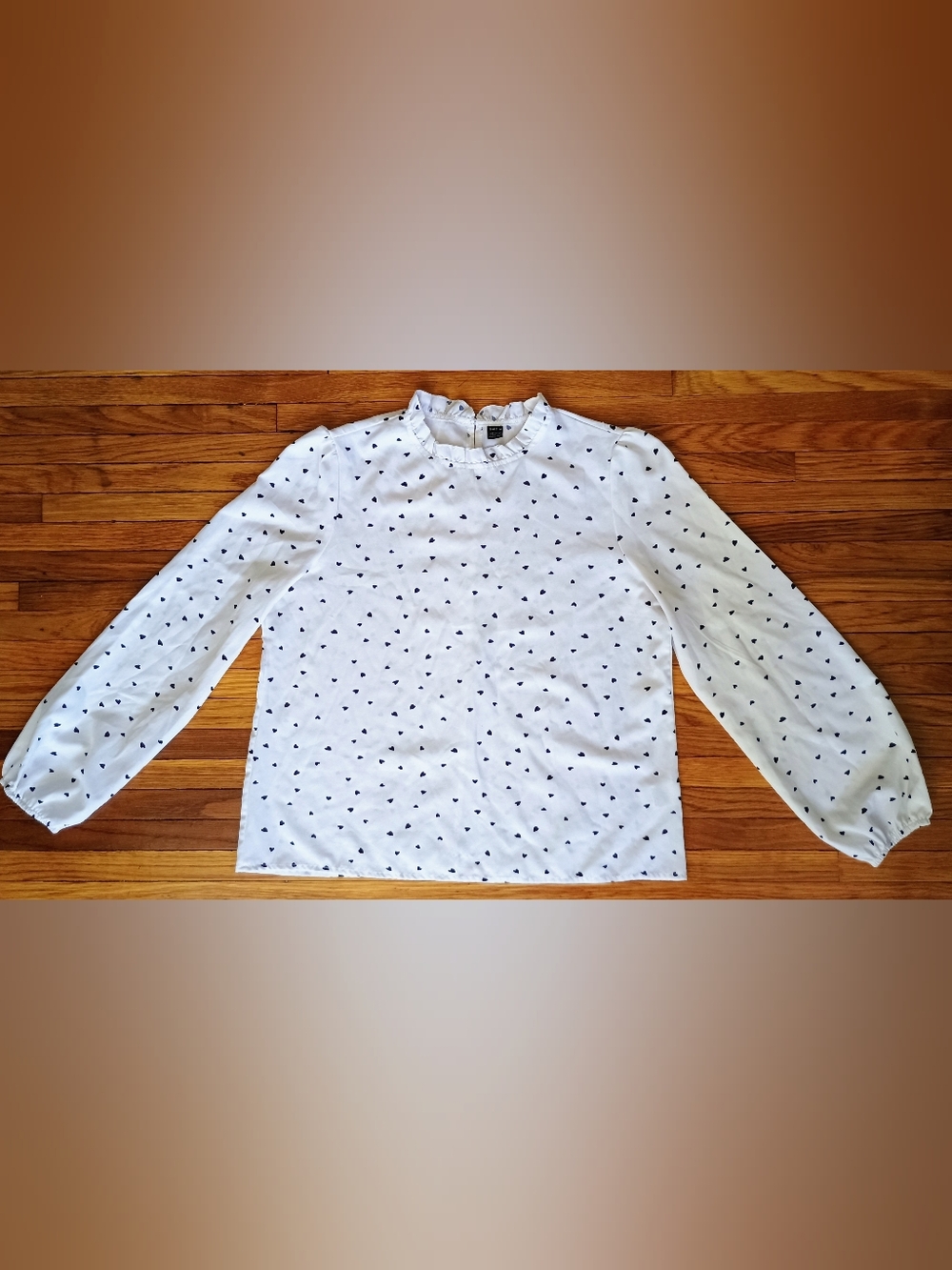 SHEIN White Black Allover Heart Print Ruffle Mock Neck Blouse/ Large